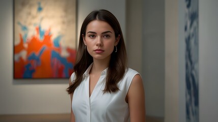 a young elegant woman wearing sophisticated attire, studying a large and vibrant contemporary artwork by an unknown artist, displayed in a minimalist museum setting