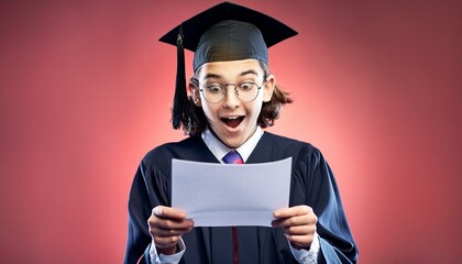 Surprised student opening an acceptance letter with plan red background.