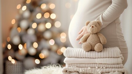 A pregnant woman with a teddy bear in her hand stands in front of a Christmas tree with twinkling lights