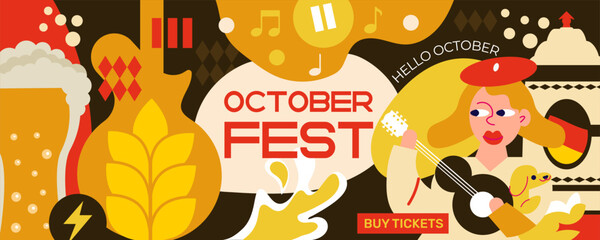 Oktoberfest horizontal banner: girl playing guitar, big beer mugs, lots of beer, music and festive atmosphere. Perfect for the web, advertising, posters, printed materials and social networks.