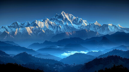 Panoramic View of the Snowcapped Himalayas at Golden Hour Featuring Rugged Terrain, Dark Forests, and Distant Villages
