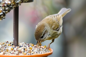 Naklejka premium Bird feeding on seeds from orange feeder, detailed, close-up