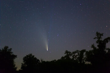 huge comet on night starry sky above a forest