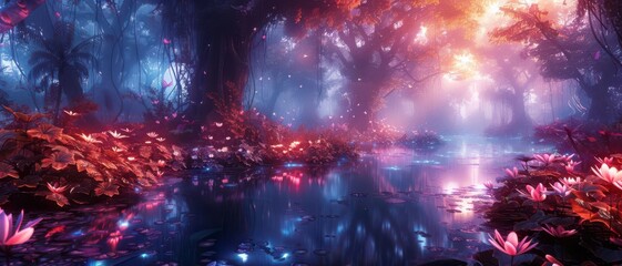 Fantasy marshland with mythical creatures, glowing water, surreal style, vibrant colors, magical atmosphere, intricate details