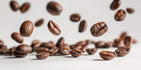 Naklejka premium Roasted coffee beans in mid-air against white background