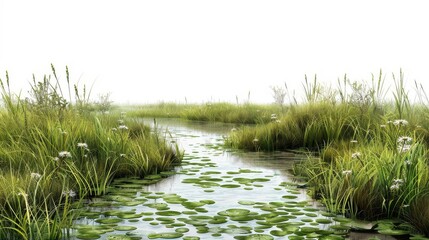 A lush marsh filled with sedge and diverse fauna, representing a thriving ecosystem Isolated white background with ample copy space for environmental education