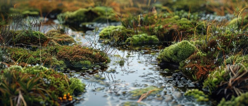A detailed closeup of a peat bog with layers of sphagnum moss and diverse flora The intricate textures and vibrant greens and browns showcase the complexity and richness of the bog