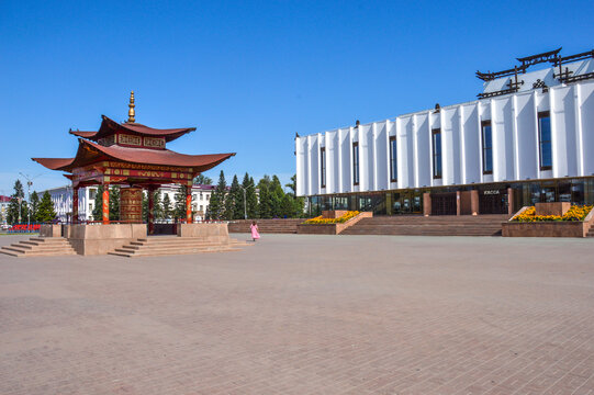 Main square of Kyzyl with Buddhist prayer wheel, Tuva, Russia