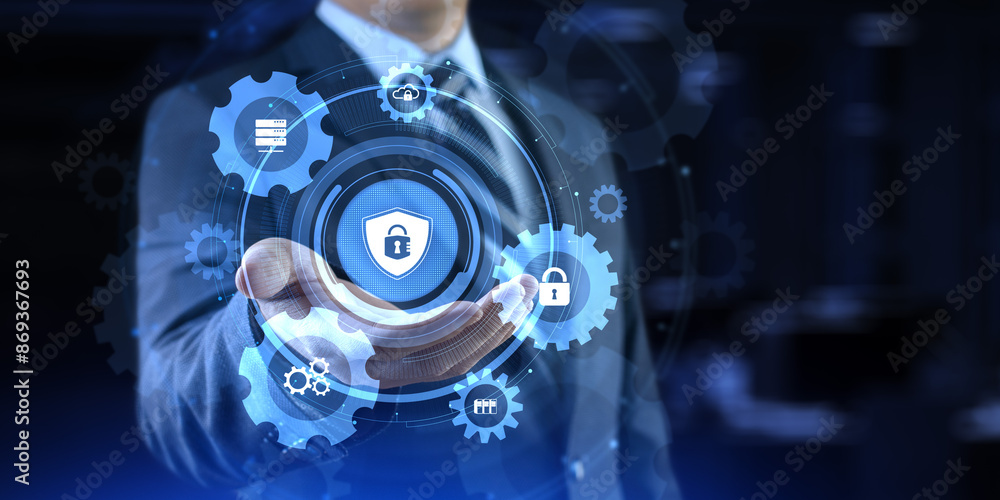 Poster cyber security access control data protection personal information privacy concept. businessman pres