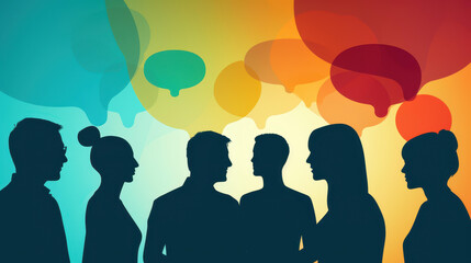 A modern and diverse group of people communicating through speech bubbles, promoting dialogue and understanding.