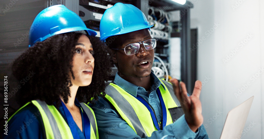 Poster People, maintenance and laptop in server room talking, technician and firmware installation or system update. Network, database and cyber programming together, teamwork and online for IT software