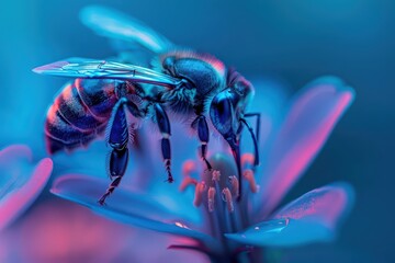 A closeup of a hightech robotic bee pollinating a neoncolored flower with copy space