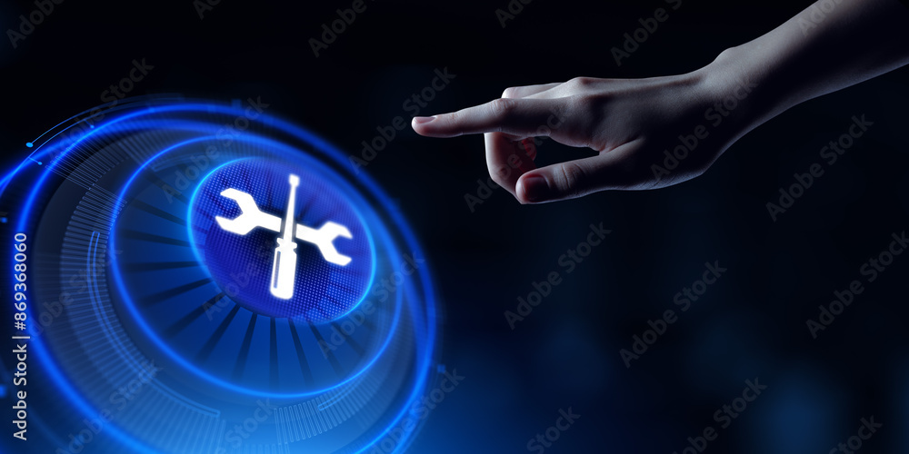 Poster technical support customer service guarantee quality assurance. hand pressing button on virtual scre