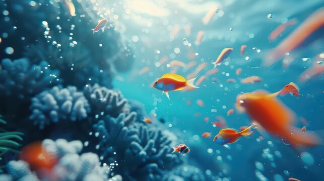 A dynamic burst of marine life with fish and sea creatures swimming in a whirlwind of colors with copy space