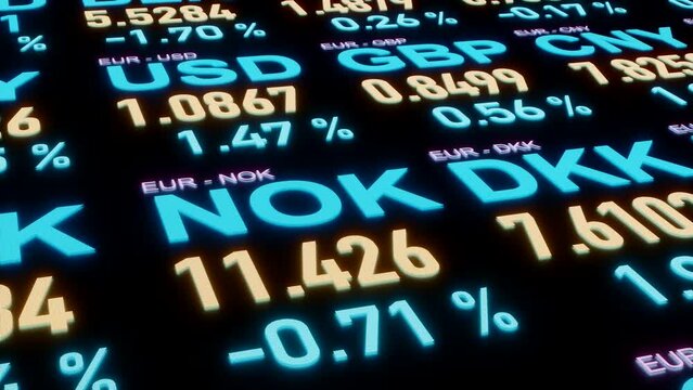 Close up currency trading board. Euro, US dollar, Norwegian krone, Russian ruble, British pound, Danish krone exchange rates. Business, financial markets, currency trading, price information. 