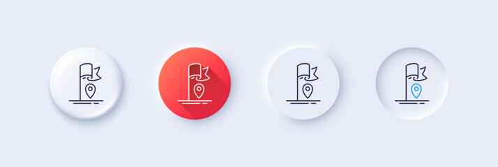 Flag location line icon. Neumorphic, Red gradient, 3d pin buttons. Goal success sign. Leadership symbol. Line icons. Neumorphic buttons with outline signs. Vector