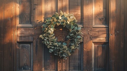 Decoration for Easter in the form of a wreath of eucaliptus branches on wooden entrance door