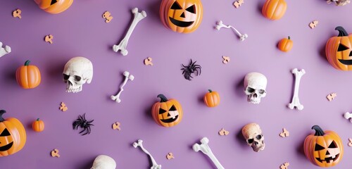 Halloween-themed pattern with jack-o'-lanterns, skulls, and bones scattered on a purple background