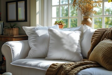 White Sofa With Throw Blanket and Pillows in Sunlit Living Room