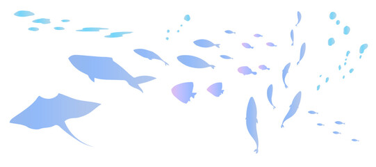 魚群と泡のシルエットのイラストセット　海　水中