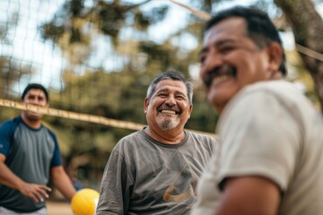 Some middle-aged Latin American men playing volleyball on the beach