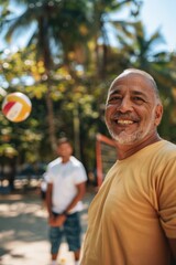 Portrait of a middle-aged Latin American man playing volleyball with his friends