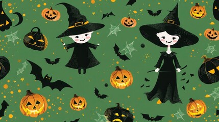 Fun Halloween pattern with witches, bats, and jack-o'-lanterns on a green background