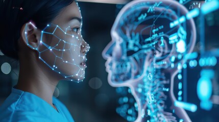 A healthcare provider interacting with a digital patient avatar in a modern hospital with copy space