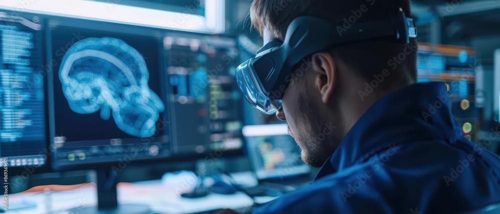 Aufkleber a hightech engineer working on a holographic blueprint in a futuristic workshop with copy space