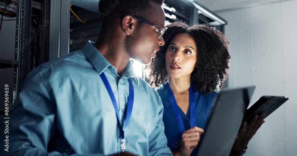 Leinwandbilder People, server room and working or coding with tablet, teamwork and firmware installation or system programming. Network, database and IT technician together, bigdata and software infrastructure