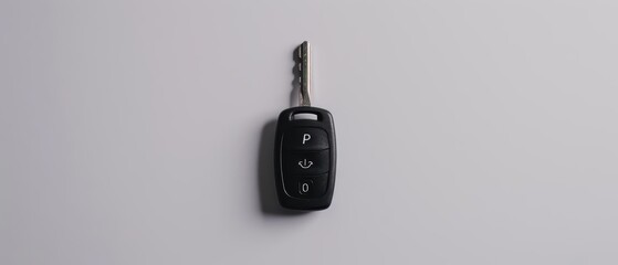 A minimalist car key fob placed on a smooth, white surface with copy space