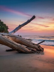 a driftwood tree on the beach at sunset