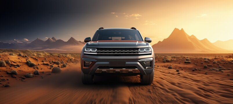 Realistic car fortuner in standing desert copy space for text mock up on mountains background