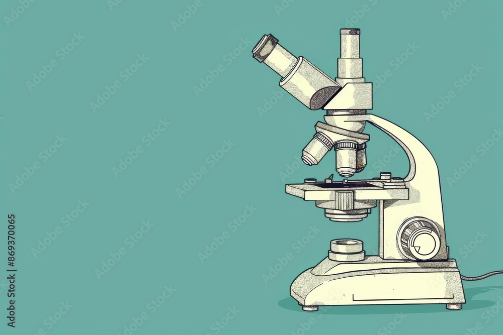 Poster a minimalistic science banner with a subtle outline of a microscope in soft colors with copy space