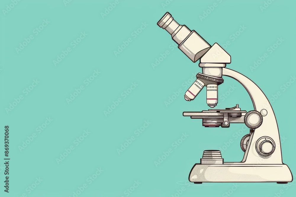 Poster a minimalistic science banner with a subtle outline of a microscope in soft colors with copy space