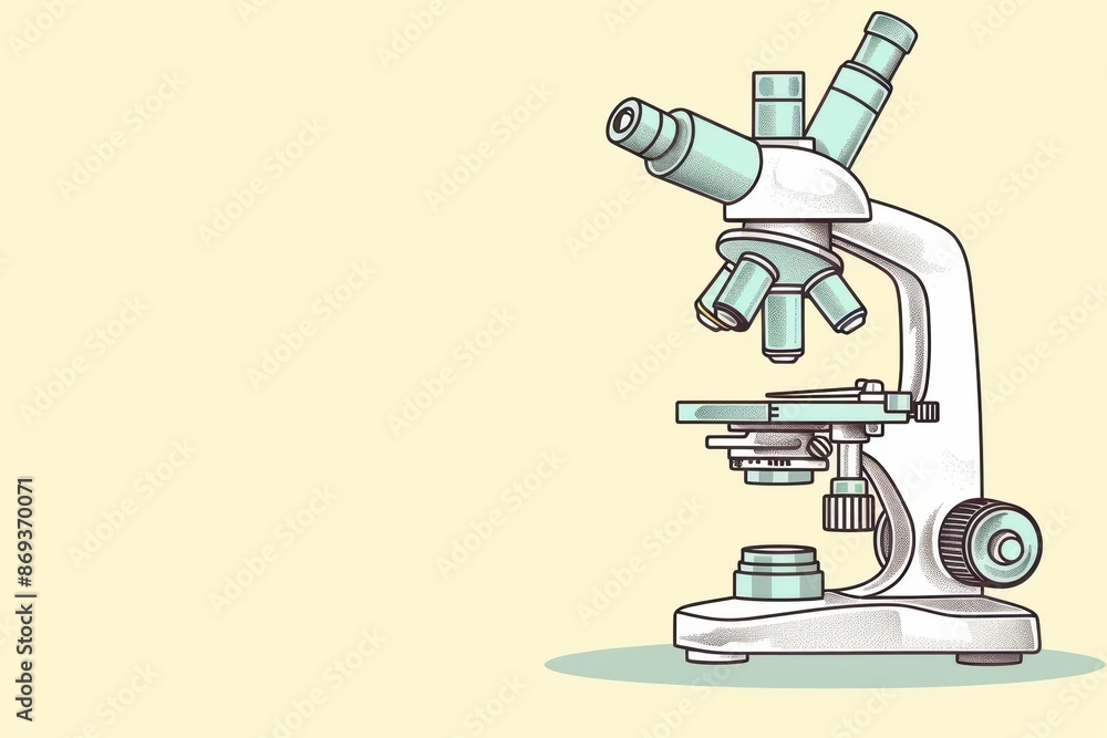 Poster a minimalistic science banner with a subtle outline of a microscope in soft colors with copy space