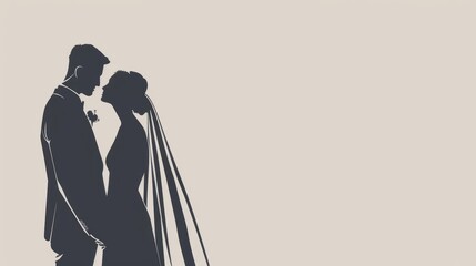 A minimalistic wedding banner with a delicate silhouette of a bride and groom in muted tones with copy space