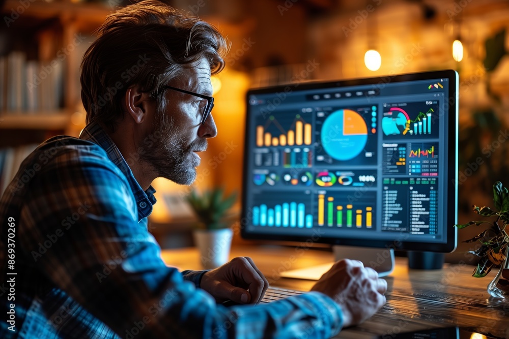 Poster man analyzing data on computer screen in home office at night