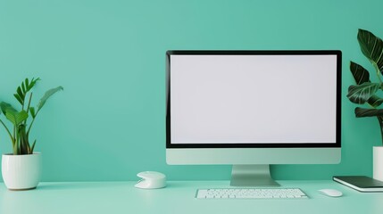 A modern desktop setup with a slim monitor and wireless accessories against a blank background with copy space