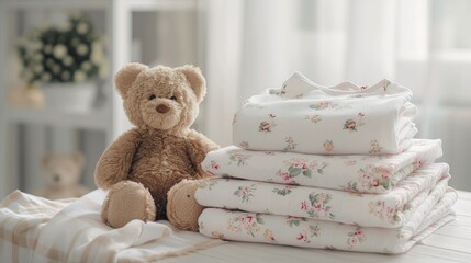 A brown teddy bear sits near a stack of floral patterned baby blankets on a white bed