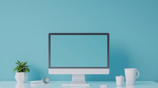 A modern desktop setup with a slim monitor and wireless accessories against a blank background with copy space