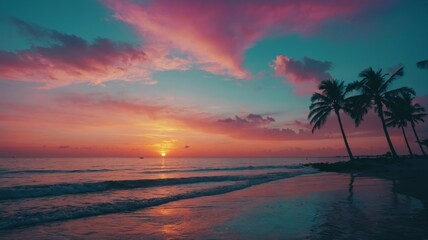 Beautiful beach landscape with sunset and coconut trees, summer concept.