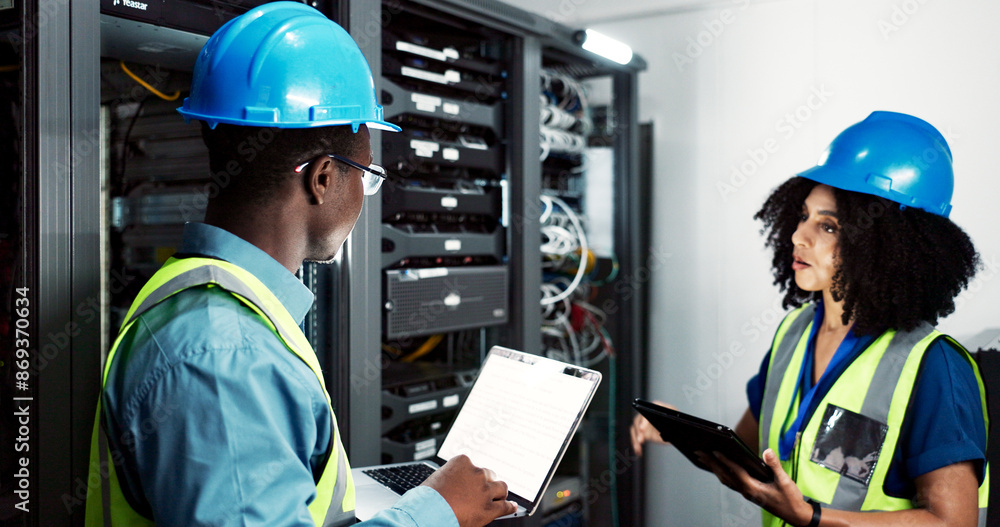 Poster People, maintenance and laptop in server room with data center, technician and firmware installation or update. Network, cybersecurity and programming together, teamwork and online for IT software