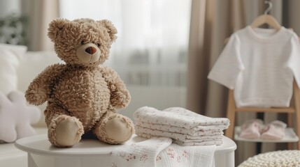 A plush brown teddy bear sits on a white table in a nursery, with folded white fabric and a white onesie hanging in the background