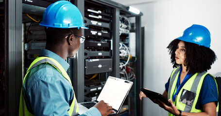 People, maintenance and laptop in server room with data center, technician and firmware...
