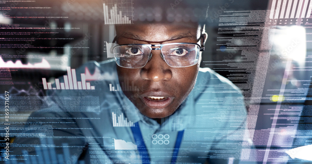 Poster Data center, man and technician in server room for coding, software or information technology, Overlay, analysis and black person with portrait for cyber security, troubleshooting or system recovery