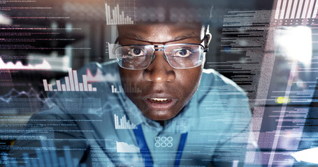 Data center, man and technician in server room for coding, software or information technology, Overlay, analysis and black person with portrait for cyber security, troubleshooting or system recovery