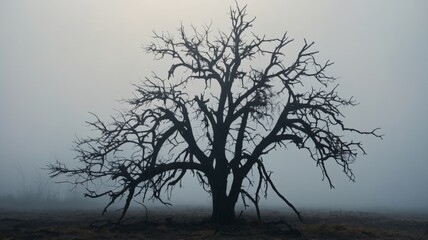Silhouette of a dry tree, thick and dense fog in the background.