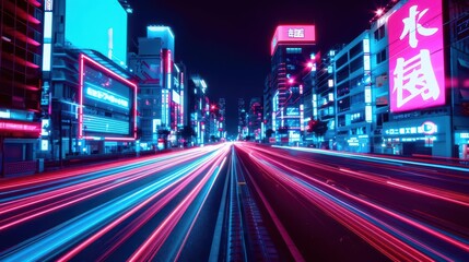 Fototapeta premium A smart cityscape at night, illuminated by neon lights and holographic advertisements with copy space