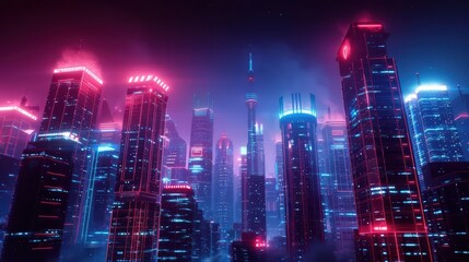 A smart cityscape at night, illuminated by neon lights and holographic advertisements with copy space